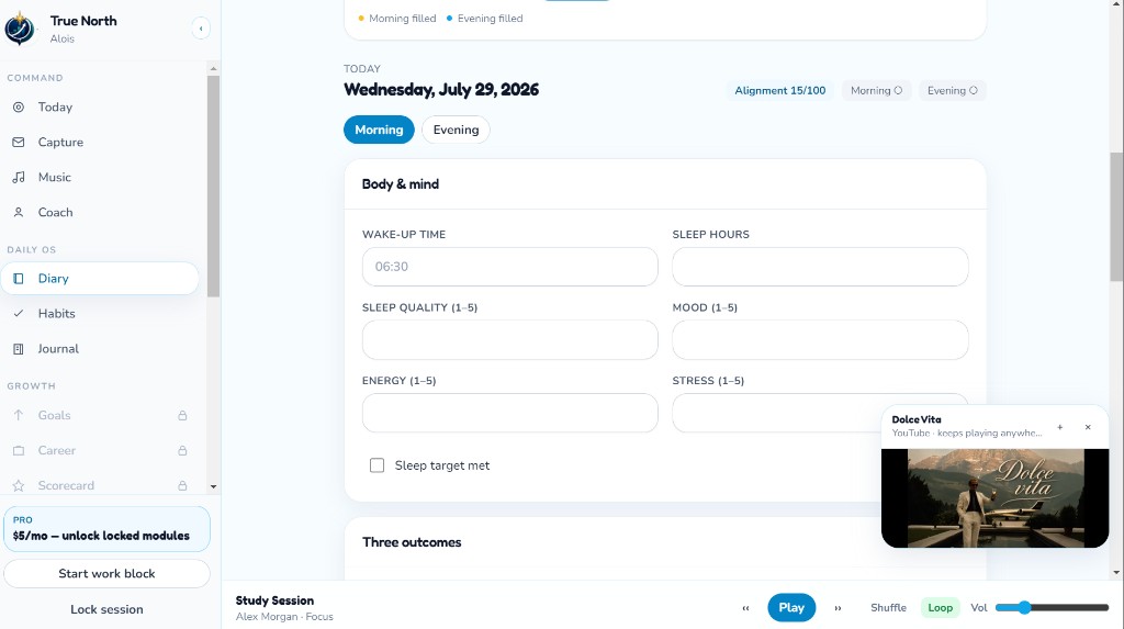 True North Diary screen for morning and evening check-ins