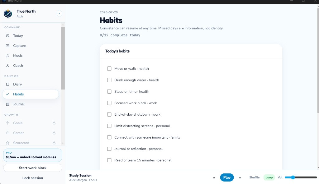 True North Habits screen with a simple daily checklist