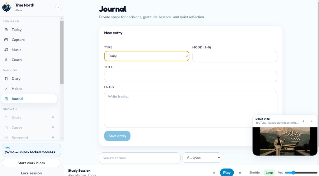 True North Journal screen for private writing and reflection